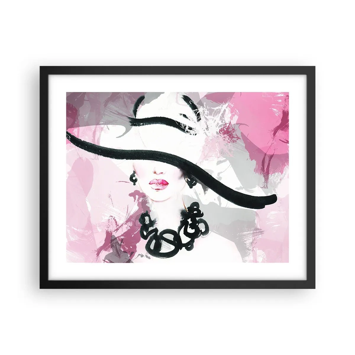 Póster en marco negro - Retrato de una dama en negro y rosa - 50x40 cm