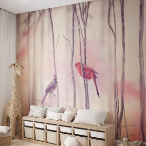 Fotomural Premium Canvas - Historia de un bosque rosa - Pájaro, Naturaleza, Bosque - 300x210 cm