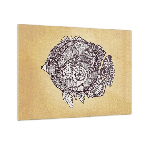 Cuadro sobre vidrio - Impresiones sobre Vidrio - Un pez de dibujos animados con adornos sobre un fondo beige. - 70x50cm - De un océano de ornamentos - Decoración de pared moderna para salón y dormitorio ARTTOR