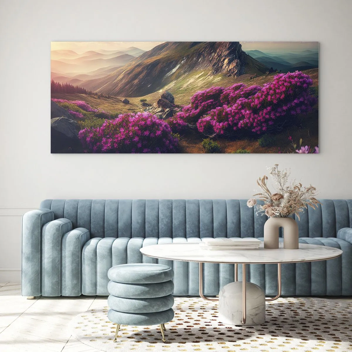 Cuadro sobre vidrio - Impresiones sobre Vidrio - Paisaje de montaña con rododendros en flor - 120x50cm - Verano en las montañas - Decoración de pared moderna para salón y dormitorio ARTTOR