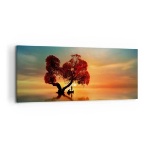 Cuadro sobre lienzo - Impresión de Imagen - Un árbol de hojas rojas y un barco en el agua al atardecer. - 120x50cm - La lejanía y el silencio del mundo - Decoración de pared moderna para salón y dormitorio ARTTOR