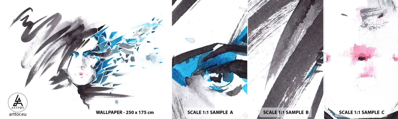 Muestra De Fotomural Standard Eco - Un sensual retrato en gris y azul - Mujer, cara de mujer, Abstracción - 100x30 cm