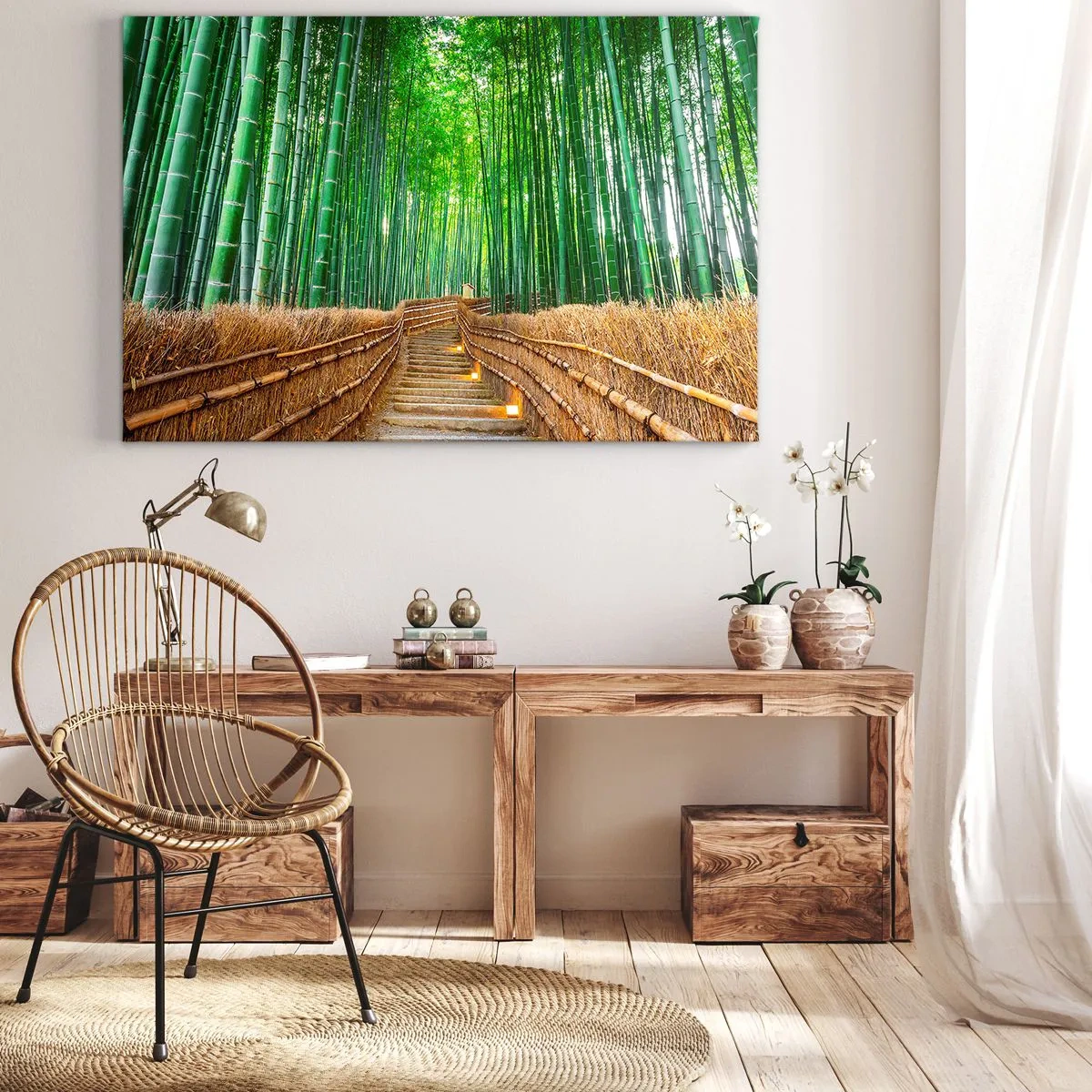 Cuadro sobre lienzo - Impresión de Imagen - Un camino en un denso bosque de bambú. - 70x50cm - La esencia de la naturaleza asiática - Decoración de pared moderna para salón y dormitorio ARTTOR