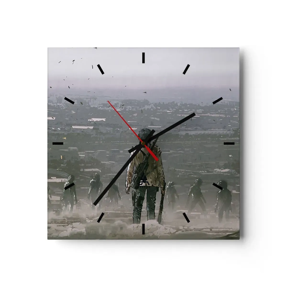Reloj de pared - Reloj de vidrio - Una figura con una pistola se encuentra frente a un grupo en un paisaje distópico. - 30x30cm - Soy leyenda - Decoración de pared moderna para salón y dormitorio ARTTOR