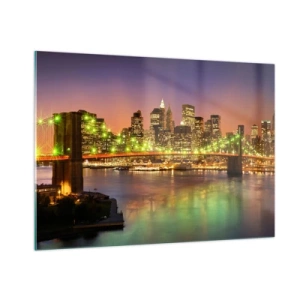 Cuadro sobre vidrio - Impresiones sobre Vidrio - Puente iluminado sobre el río con vista panorámica de la ciudad al atardecer. - 100x70cm - Aquí la luz nunca se apaga - Decoración de pared moderna para salón y dormitorio ARTTOR