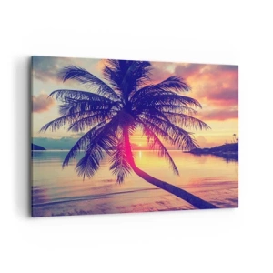 Cuadro sobre lienzo - Impresión de Imagen - Puesta de sol con una palmera sobre una orilla tranquila - 120x80cm - Atardecer bajo las palmeras - Decoración de pared moderna para salón y dormitorio ARTTOR
