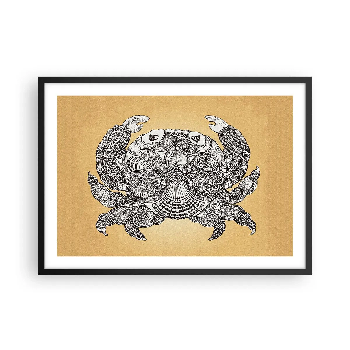 Póster en marco negro - Dibujo decorativo de un cangrejo sobre fondo dorado. - 70x50cm - Cuentos del Sr. Cangrejo - Decoración de pared moderna para salón y dormitorio ARTTOR