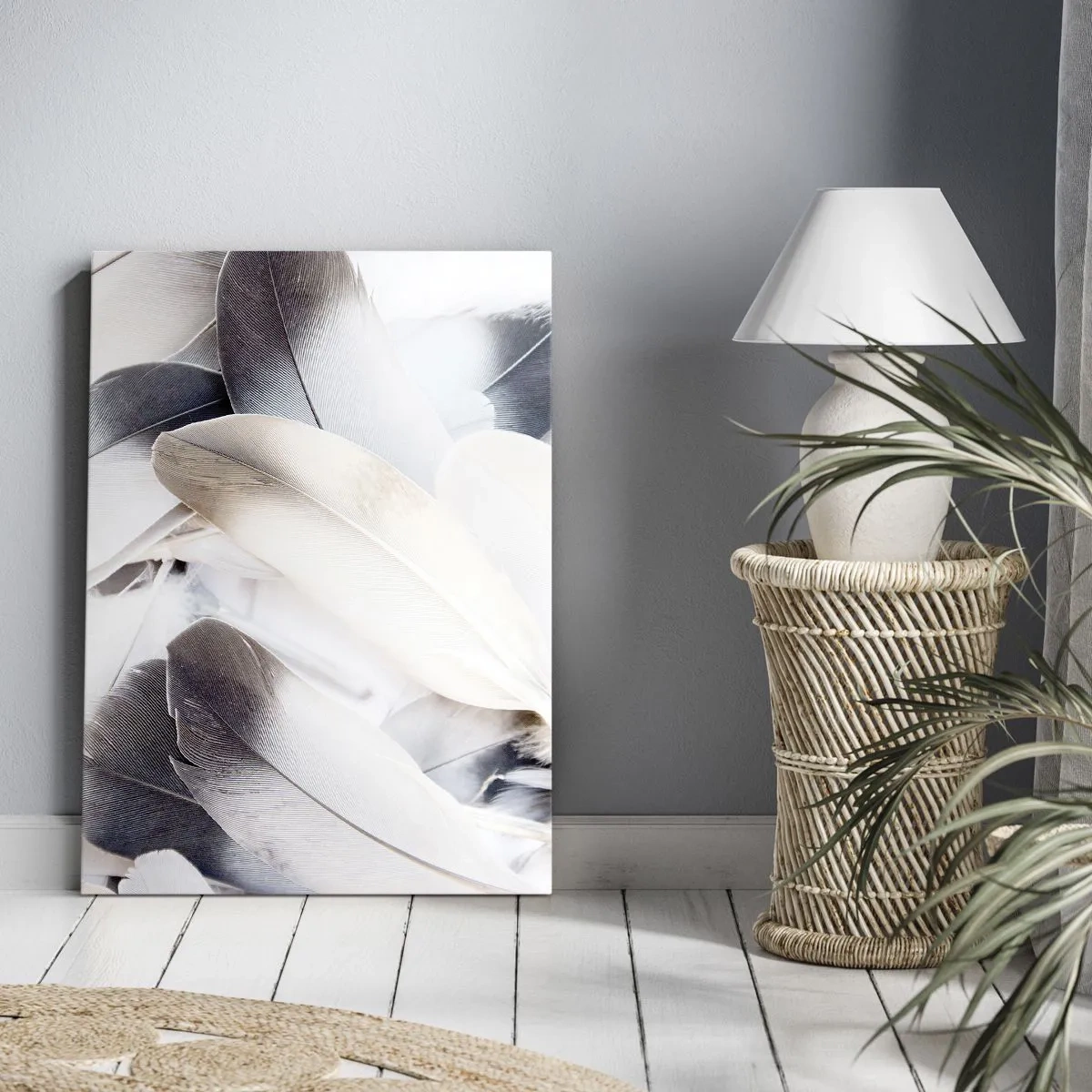 Cuadro sobre lienzo - Impresión de Imagen - Primer plano de delicadas plumas en tonos blancos y grises. - 80x120cm - Casi angelical - Decoración de pared moderna para salón y dormitorio ARTTOR