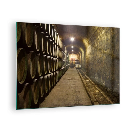 Cuadro sobre vidrio - Impresiones sobre Vidrio - Bodega con hileras de barricas - 70x50cm - El placer  - Decoración de pared moderna para salón y dormitorio ARTTOR