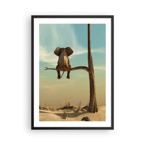 Póster en marco negro - Un elefante sentado en una rama con un paisaje desértico al fondo. - 50x70cm - Un nuevo punto de vista - Decoración de pared moderna para salón y dormitorio ARTTOR