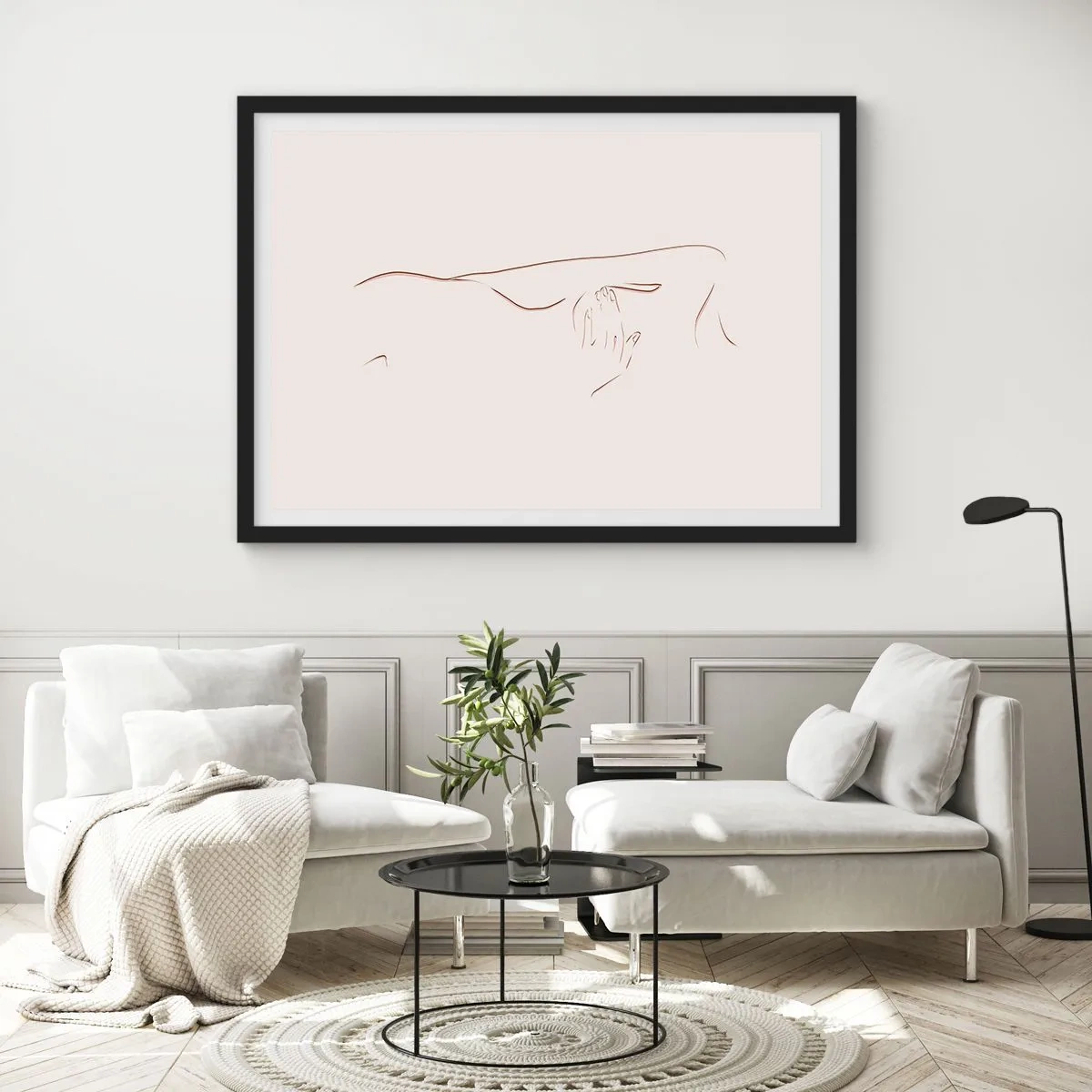 Póster en marco negro - Un dibujo lineal sutil de una silueta sobre un fondo claro. - 70x50cm - La forma del deseo - Decoración de pared moderna para salón y dormitorio ARTTOR