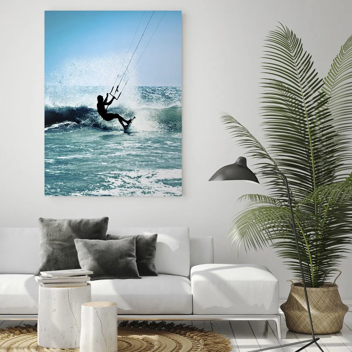 Cuadro sobre vidrio - Impresiones sobre Vidrio - Kitesurfista en las olas del océano en un día soleado - 50x70cm - Déjate llevar - Decoración de pared moderna para salón y dormitorio ARTTOR