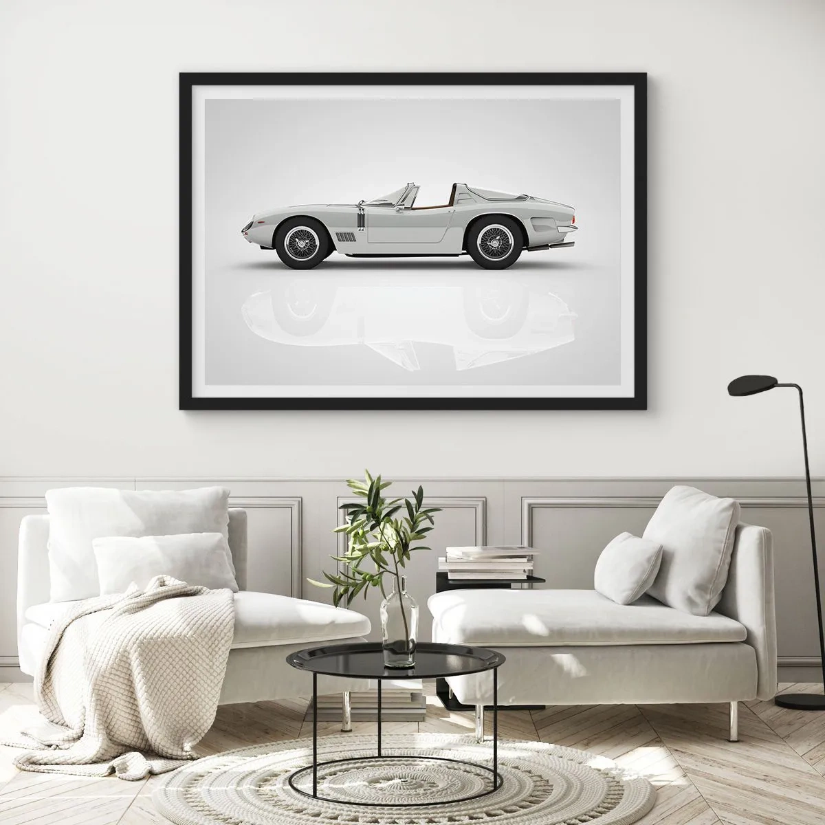 Póster en marco negro - Clásico convertible blanco sobre fondo claro. - 70x50cm - Una promesa de diversión - Decoración de pared moderna para salón y dormitorio ARTTOR