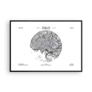 Póster en marco negro - Un mapa de Oslo en un estilo minimalista en blanco y negro. - 100x70cm - Anatomía de Oslo - Decoración de pared moderna para salón y dormitorio ARTTOR
