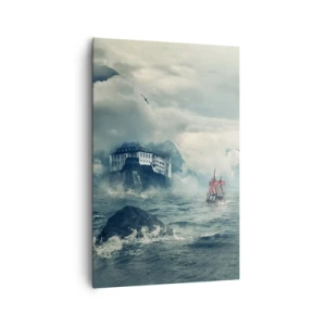 Cuadro sobre lienzo - Impresión de Imagen - Un paisaje misterioso con un castillo, montañas y un barco. - 80x120cm - En aguas mágicas - Decoración de pared moderna para salón y dormitorio ARTTOR