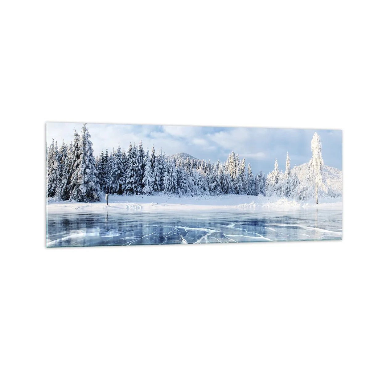 Cuadro sobre vidrio - Impresiones sobre Vidrio - Un lago congelado rodeado de un bosque cubierto de nieve. - 140x50cm - Vista deslumbrante y cristalina - Decoración de pared moderna para salón y dormitorio ARTTOR