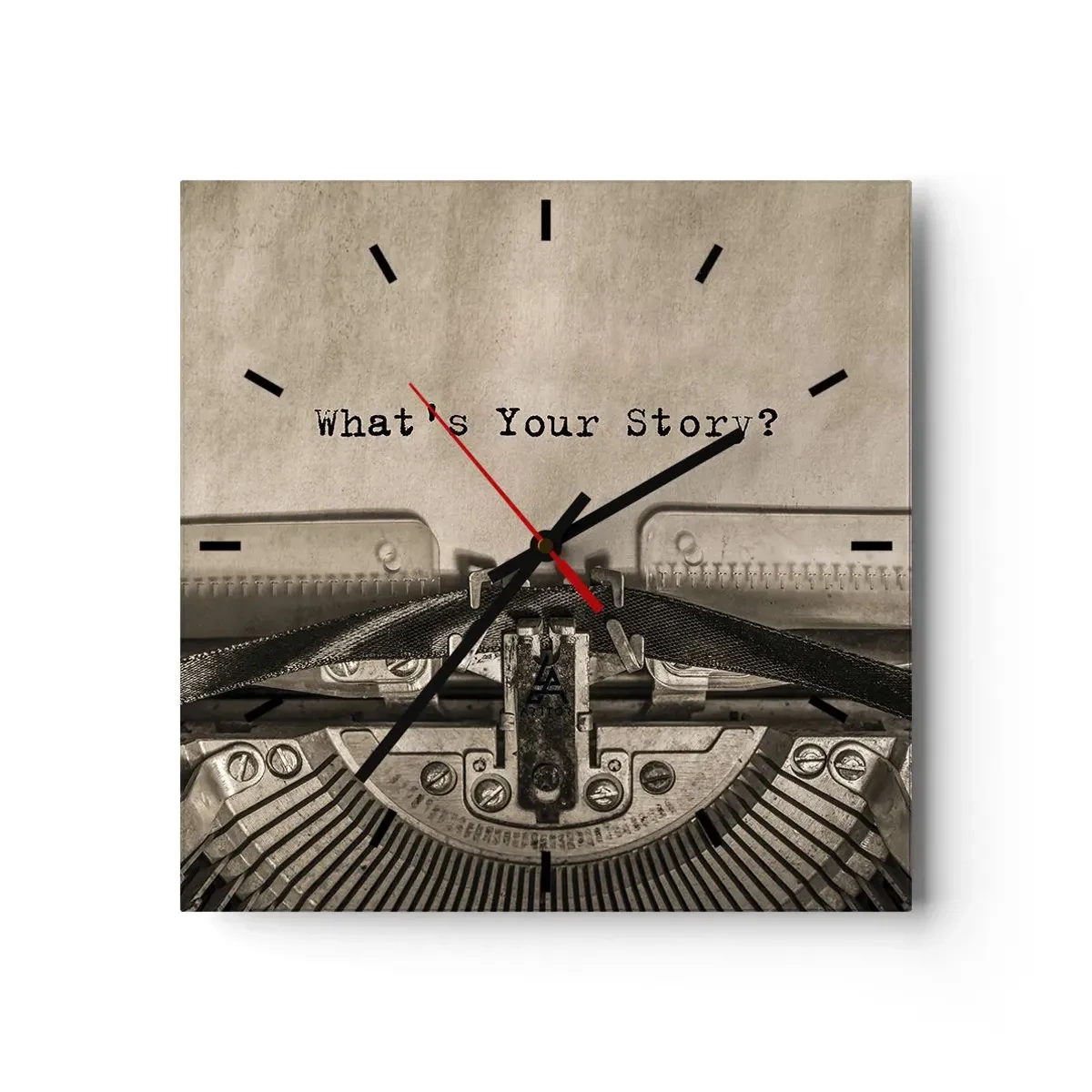 Reloj de pared - Reloj de vidrio - Una máquina de escribir con las palabras ¿Cuál es tu historia? - 30x30cm - Solo espero una respuesta - Decoración de pared moderna para salón y dormitorio ARTTOR