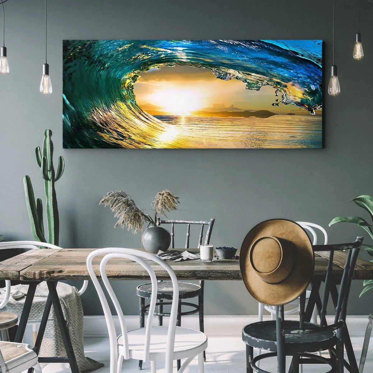 Cuadro sobre lienzo - Impresión de Imagen - Ola del océano bajo el sol con vistas al horizonte. - 160x50cm - Ojo de esperanza - Decoración de pared moderna para salón y dormitorio ARTTOR