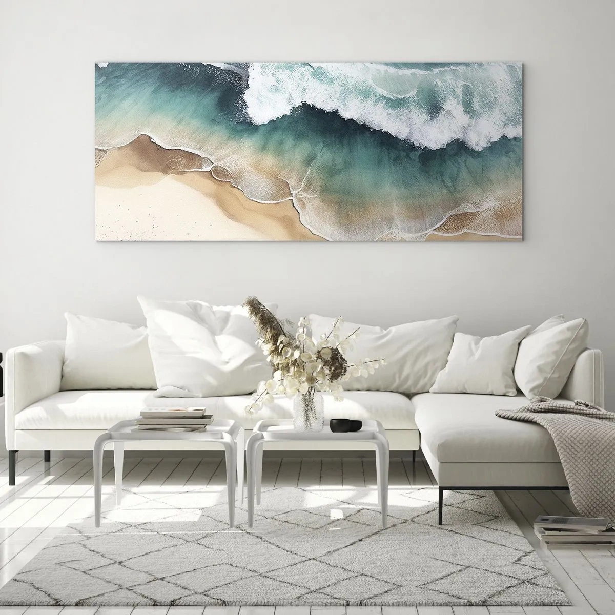 Cuadro sobre vidrio - Impresiones sobre Vidrio - Vista de la playa y las olas del mar en tonos turquesa. - 160x50cm - Un encuentro eterno - Decoración de pared moderna para salón y dormitorio ARTTOR