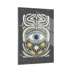Cuadro sobre vidrio - Impresiones sobre Vidrio - Ojo gráfico con ornamentación tribal sobre un fondo oscuro. - 50x70cm - Rituales tribales - Decoración de pared moderna para salón y dormitorio ARTTOR
