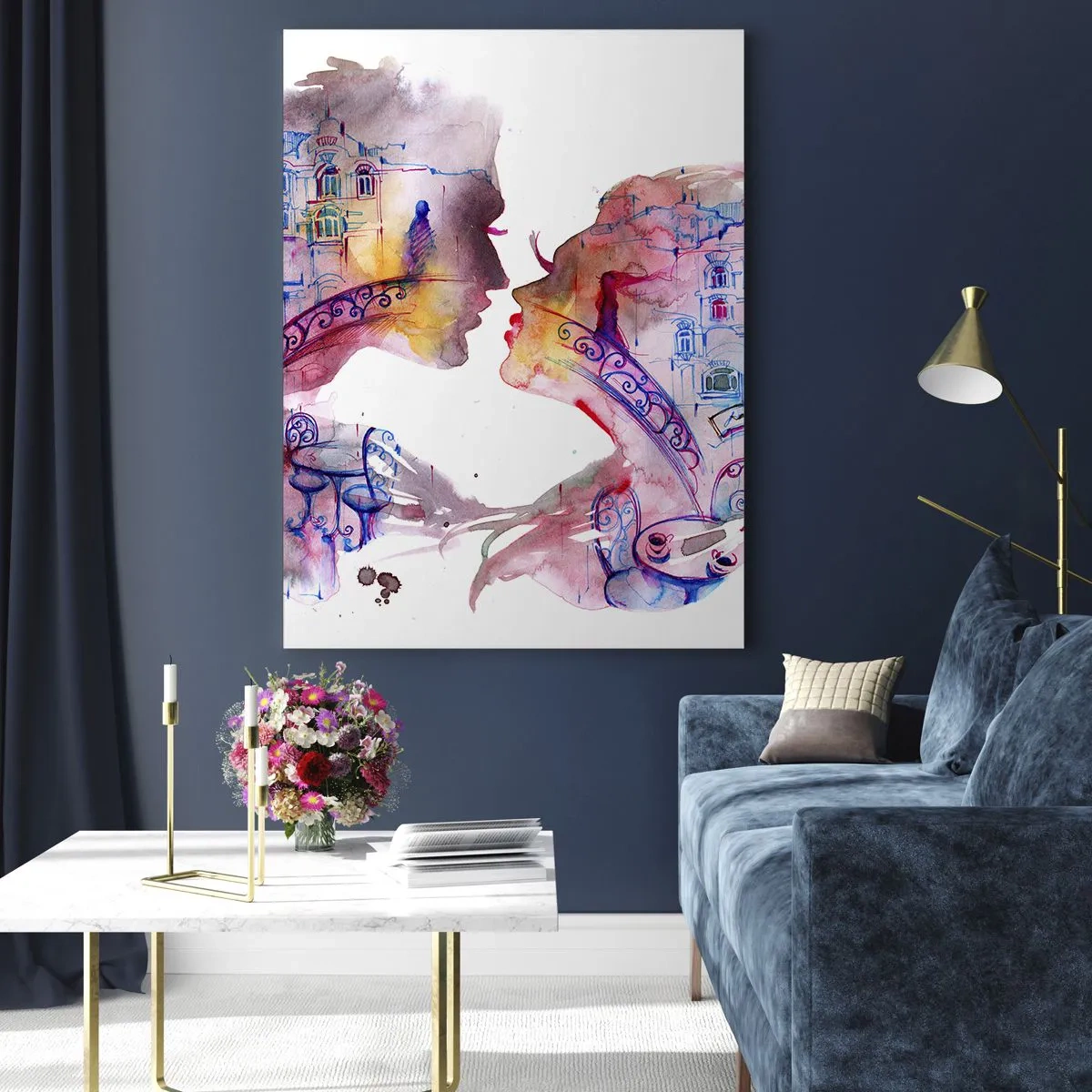 Cuadro sobre vidrio - Impresiones sobre Vidrio - Una acuarela romántica que representa las siluetas de los amantes. - 70x100cm - Un puente secreto de suspiros - Decoración de pared moderna para salón y dormitorio ARTTOR