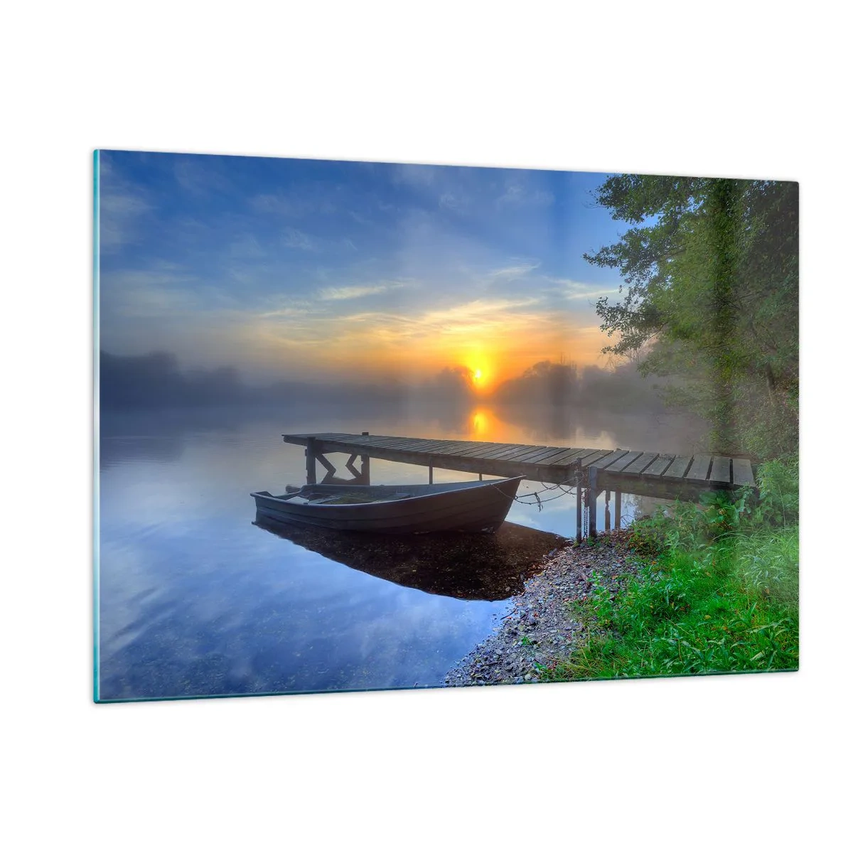 Cuadro sobre vidrio - Impresiones sobre Vidrio - Un barco en el muelle al amanecer en el lago. - 120x80cm - Cómo lo ordinario se convierte en mágico - Decoración de pared moderna para salón y dormitorio ARTTOR