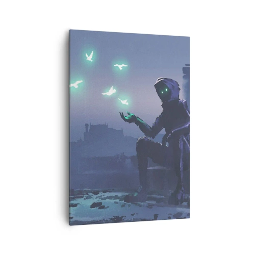 Cuadro sobre lienzo - Impresión de Imagen - Una figura encapuchada con pájaros mágicos en el fondo de una ciudad. - 70x100cm - La vida volverá - Decoración de pared moderna para salón y dormitorio ARTTOR