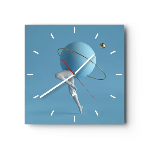 Reloj de pared - Reloj de vidrio - Una esfera azul con una órbita y piernas humanas contra el cielo. - 30x30cm - Y los planetas se vuelven locos - Decoración de pared moderna para salón y dormitorio ARTTOR
