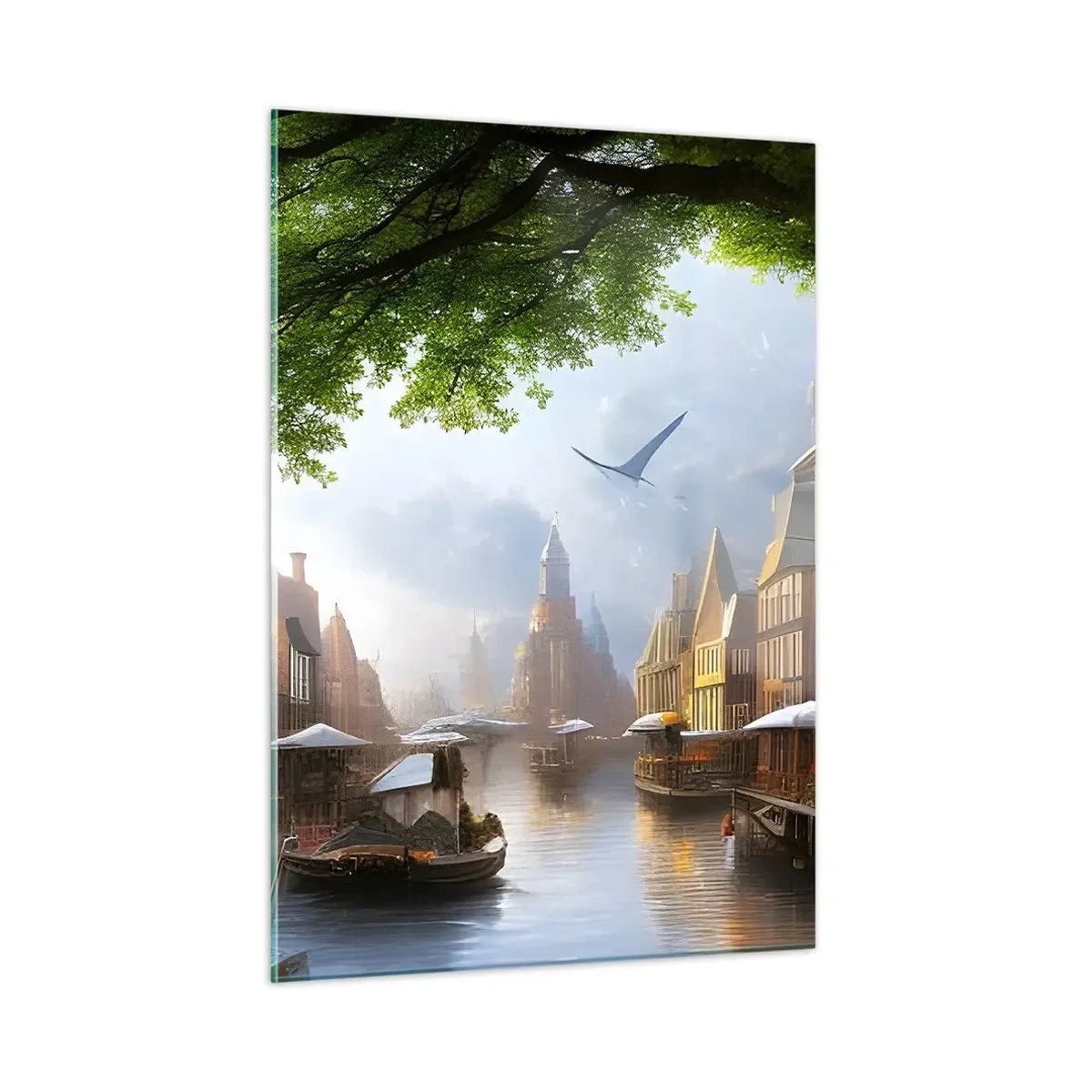 Cuadro sobre vidrio - Impresiones sobre Vidrio - Una vista atmosférica de un canal holandés con barcos y edificios. - 50x70cm - Paisaje urbano holandés - Decoración de pared moderna para salón y dormitorio ARTTOR