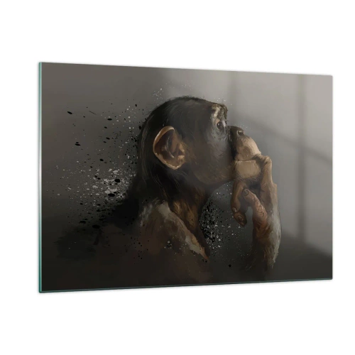 Cuadro sobre vidrio - Impresiones sobre Vidrio - Un mono pensativo sobre un fondo oscuro con efecto de salpicaduras. - 120x80cm - La evolución del pensador - Decoración de pared moderna para salón y dormitorio ARTTOR