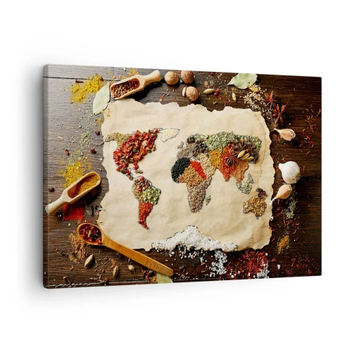 Cuadro sobre lienzo - Impresión de Imagen - Un mapa del mundo hecho de especias sobre un fondo de madera. - 70x50cm - Todos los sabores del mundo - Decoración de pared moderna para salón y dormitorio ARTTOR