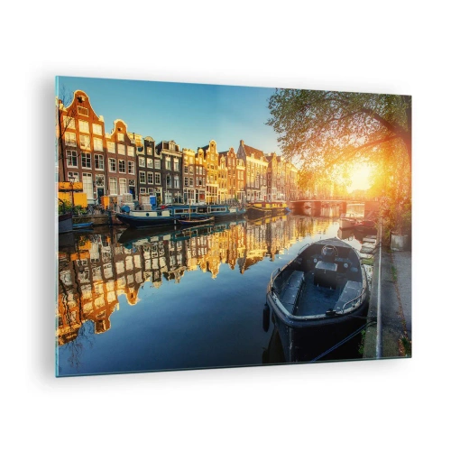 Cuadro sobre vidrio - Impresiones sobre Vidrio - Canal de Ámsterdam al atardecer - 70x50cm - Mañana en Ámsterdam - Decoración de pared moderna para salón y dormitorio ARTTOR