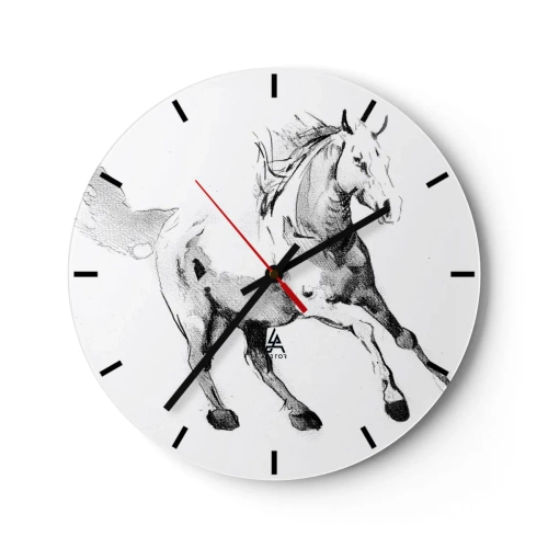 Reloj de pared - Reloj de vidrio - Boceto de un caballo al galope sobre un fondo blanco. - 30x30cm - Alma indómita - Decoración de pared moderna para salón, cocina y dormitorio ARTTOR