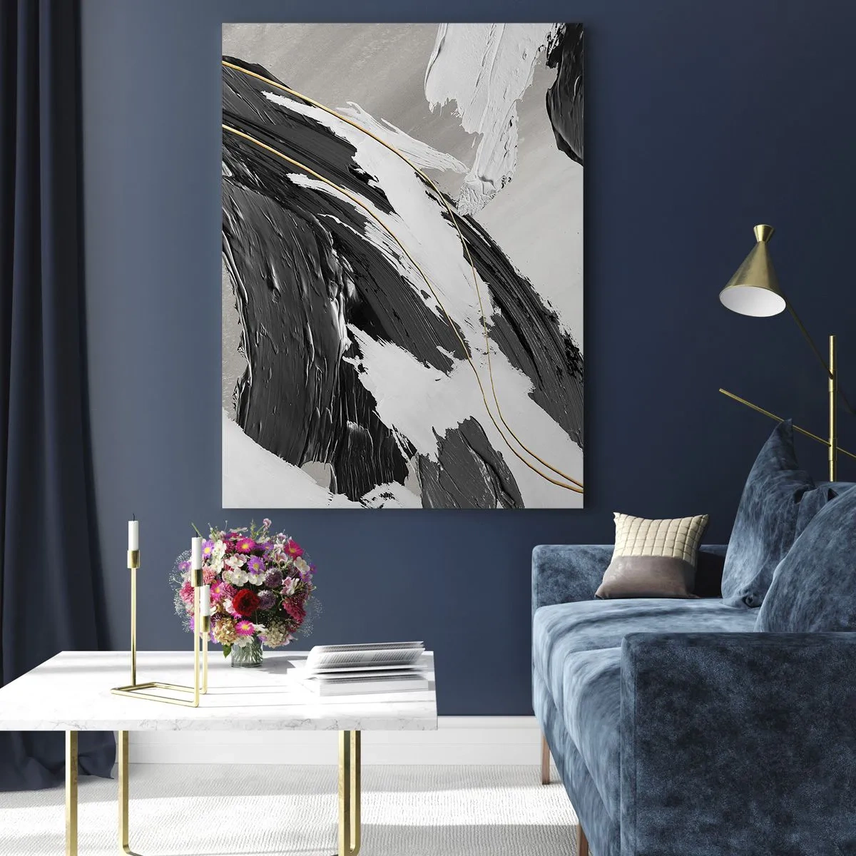 Cuadro sobre vidrio - Impresiones sobre Vidrio - Trazos dinámicos de blanco y negro con acento dorado. - 50x70cm - Abstracción con estilo - Decoración de pared moderna para salón y dormitorio ARTTOR