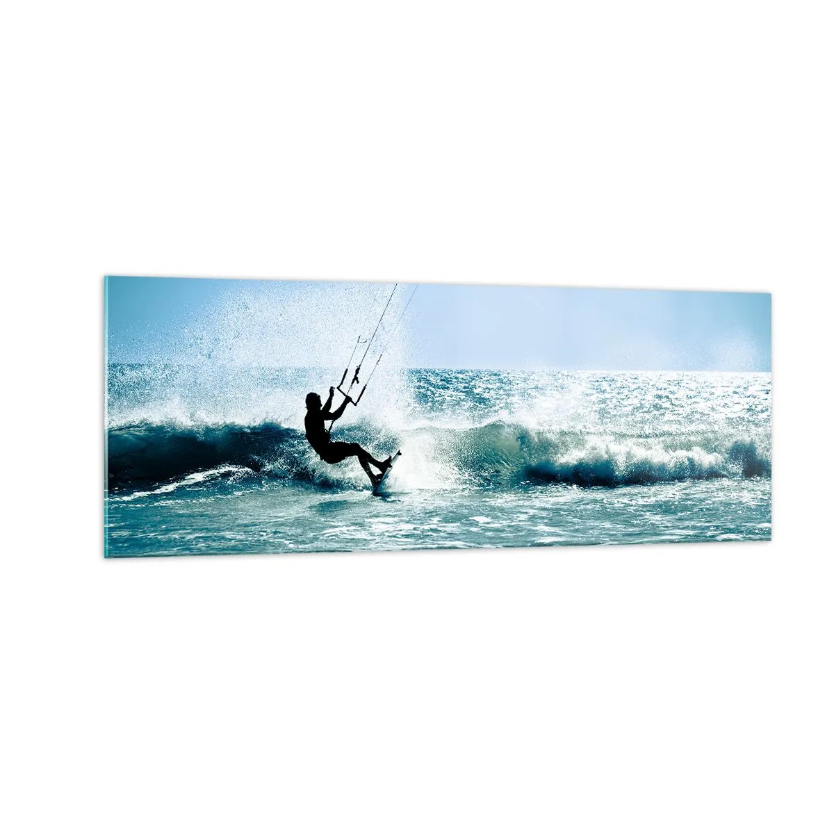 Cuadro sobre vidrio - Impresiones sobre Vidrio - Kitesurfista montando una ola a pleno sol - 140x50cm - Déjate llevar - Decoración de pared moderna para salón y dormitorio ARTTOR