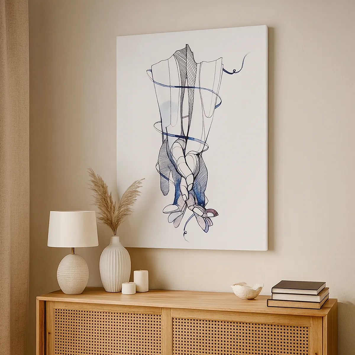 Cuadro sobre lienzo - Impresión de Imagen - Un dibujo sutil de una mano con una delicada flor. - 50x70cm - Un estudio sobre el contacto - Decoración de pared moderna para salón y dormitorio ARTTOR