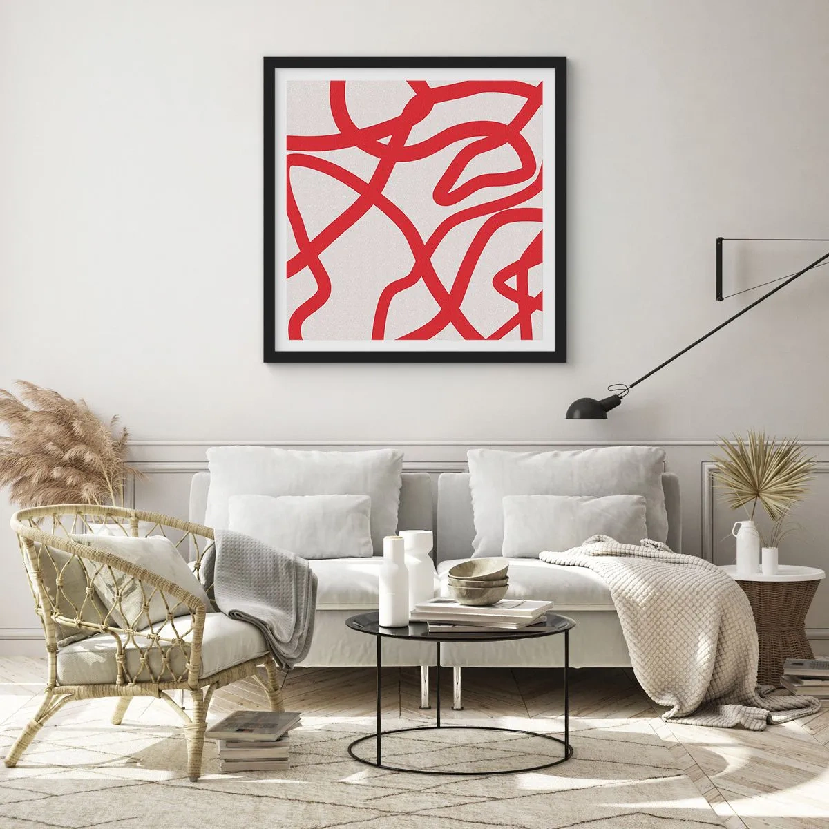 Póster en marco negro - Rojo sobre blanco - 40x40 cm
