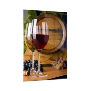 Cuadro sobre vidrio - Impresiones sobre Vidrio - Copas de vino con uvas, un barril y botellas sobre una mesa de madera - 80x120cm - Como los antiguos maestros - Decoración de pared moderna para salón y dormitorio ARTTOR