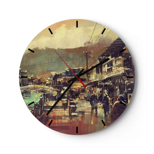 Reloj de pared - Reloj de vidrio - Una escena callejera pictórica de una ciudad con un puente y montañas al fondo. - 30x30cm - La vida como riqueza de grises - Decoración de pared moderna para salón, cocina y dormitorio ARTTOR