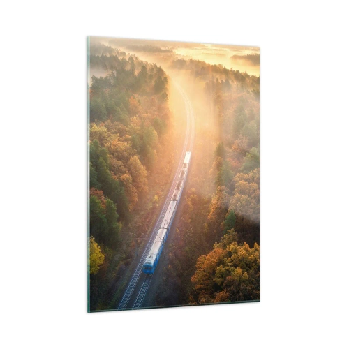 Cuadro sobre vidrio - Impresiones sobre Vidrio - Un tren en un pintoresco paisaje otoñal, lleno de calidez y nostalgia. - 50x70cm - Un viaje otoñal - Decoración de pared moderna para salón y dormitorio ARTTOR