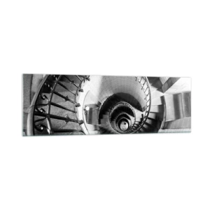 Cuadro sobre vidrio - Impresiones sobre Vidrio - Fotografía en blanco y negro de una escalera de caracol con perspectiva de arriba hacia abajo. - 160x50cm - Cada vez más alto - Decoración de pared moderna para salón y dormitorio ARTTOR