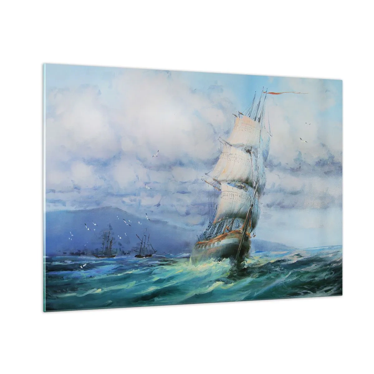 Cuadro sobre vidrio - Impresiones sobre Vidrio - Un barco con velas navegando en un mar tempestuoso bajo un cielo nublado. - 100x70cm - Viento en popa - Decoración de pared moderna para salón y dormitorio ARTTOR
