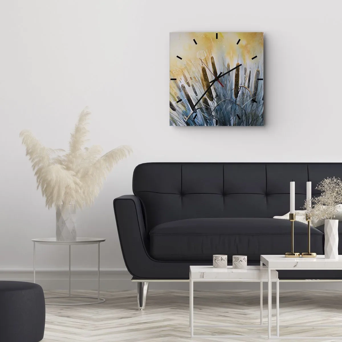Reloj de pared - Reloj de vidrio - Cañas pintorescas bajo los rayos del sol - 30x30cm - El frío del agua, el calor del sol - Decoración de pared moderna para salón y dormitorio ARTTOR