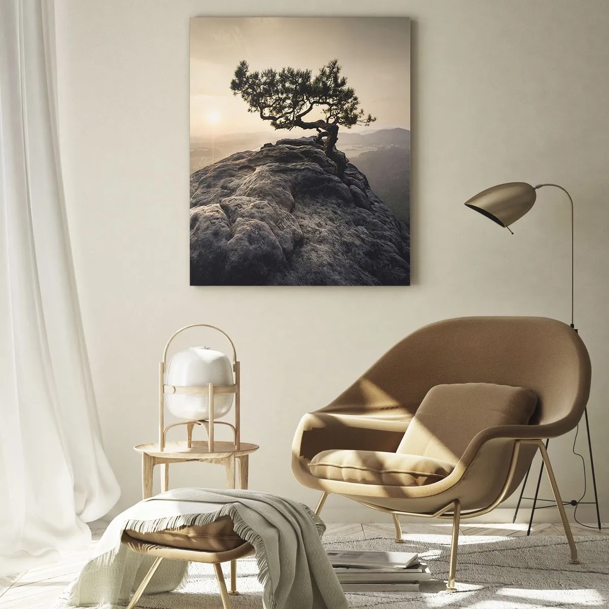 Cuadro sobre vidrio - Impresiones sobre Vidrio - Un árbol sobre una roca a la luz del sol naciente. - 50x70cm - La vida se abre camino - Decoración de pared moderna para salón y dormitorio ARTTOR