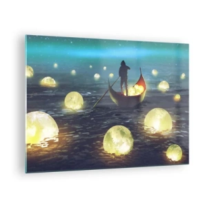 Cuadro sobre vidrio - Impresiones sobre Vidrio - Un barco con linternas en el agua en un paisaje surrealista. - 70x50cm - Cosas que los filósofos nunca soñaron - Decoración de pared moderna para salón y dormitorio ARTTOR