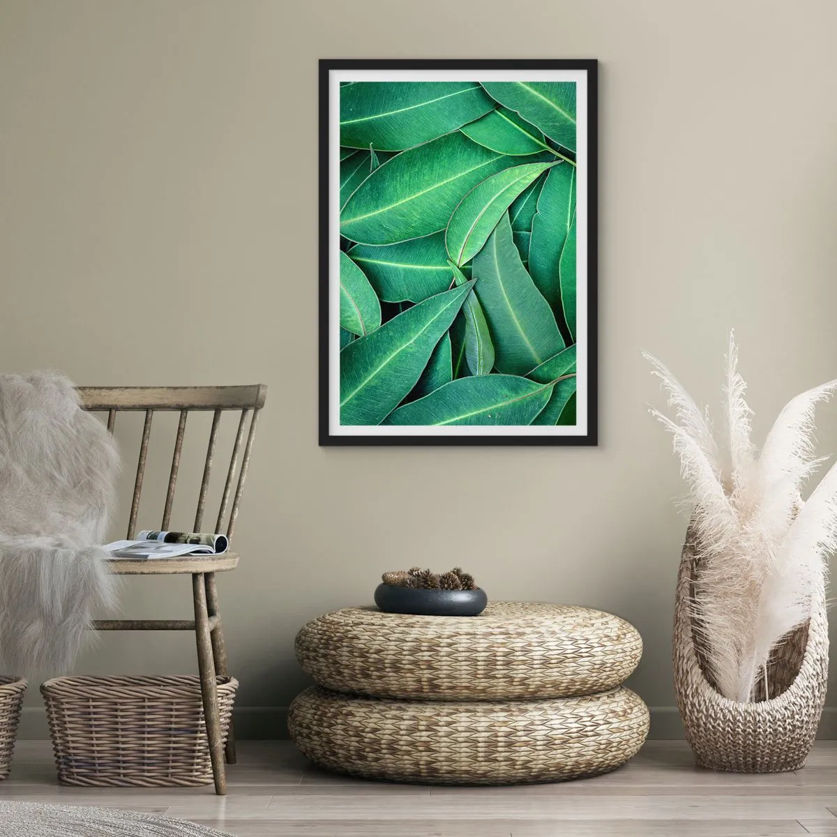 Póster en marco negro - Hojas verdes dispuestas en una composición densa. - 50x70cm - Jugosidad y frescura - Decoración de pared moderna para salón y dormitorio ARTTOR