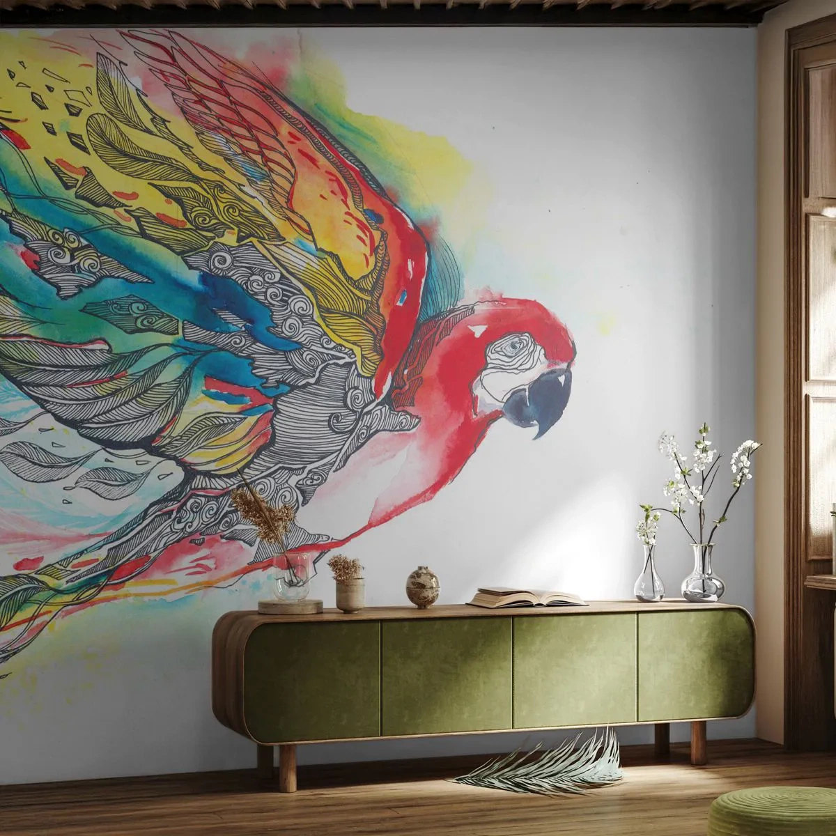 Fotomural Standard Eco - Vivir con colorido - Pájaro, Loro, plumas de colores - 200x140 cm
