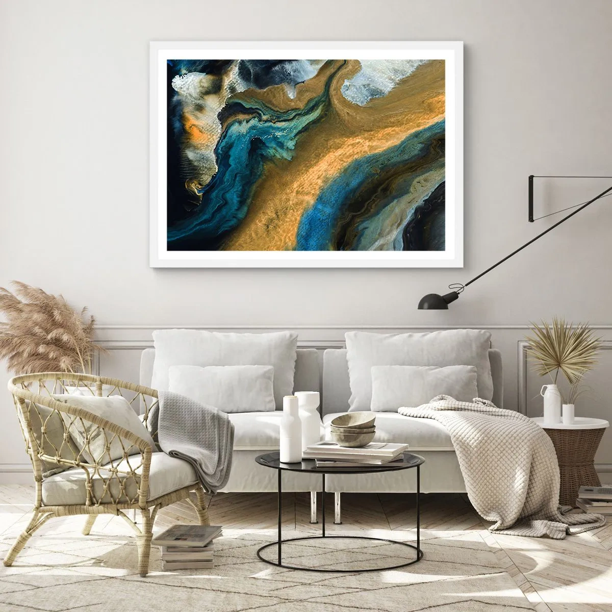 Póster en marco blanco - Azul - amarillo - influencia mutua - 70x50 cm