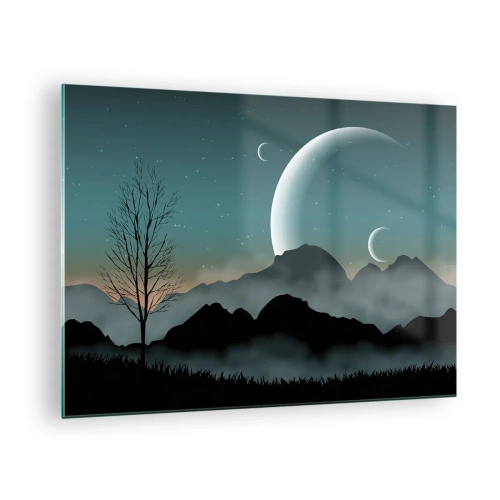 Cuadro sobre vidrio - Impresiones sobre Vidrio - Lunas sobre montañas con un árbol solitario y estrellas. - 70x50cm - Un carnaval de noche estrellada - Decoración de pared moderna para salón y dormitorio ARTTOR