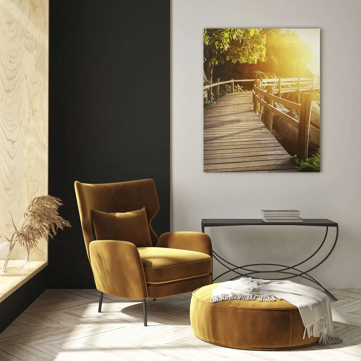 Cuadro sobre vidrio - Impresiones sobre Vidrio - Un camino de madera entre los árboles junto al mar a la luz del atardecer. - 50x70cm - Otra curva, otra maravilla - Decoración de pared moderna para salón y dormitorio ARTTOR